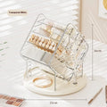 Rotating cosmetics storage box in clear plastic with 360° rotation mechanism on a bathroom counter