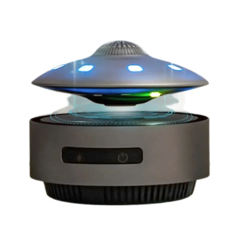 Magnetic levitation Bluetooth speaker floating above base unit with colour-changing LED effects