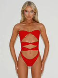 Women's hollow-out one-piece swimsuit in nylon fabric showing design detail