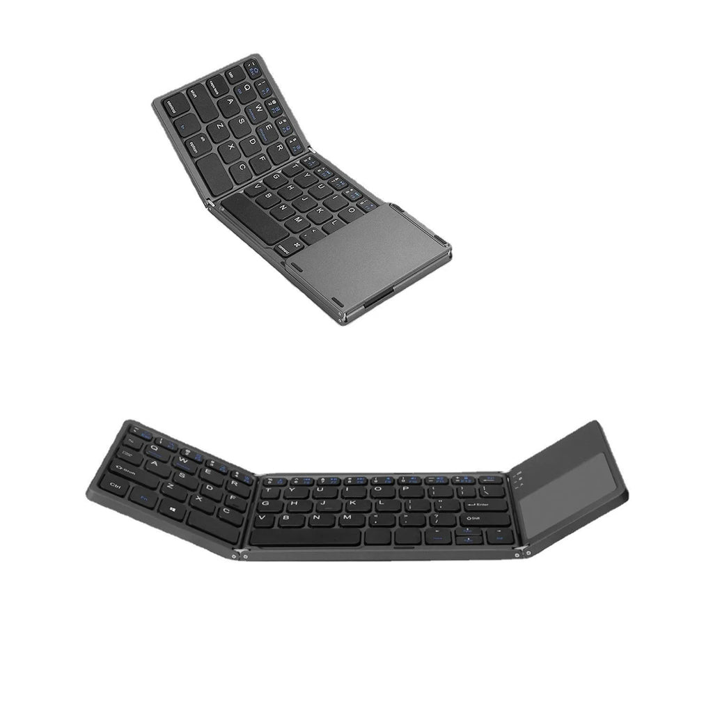Black tri-fold Bluetooth keyboard shown folded to 30.2cm portable size next to smartphone