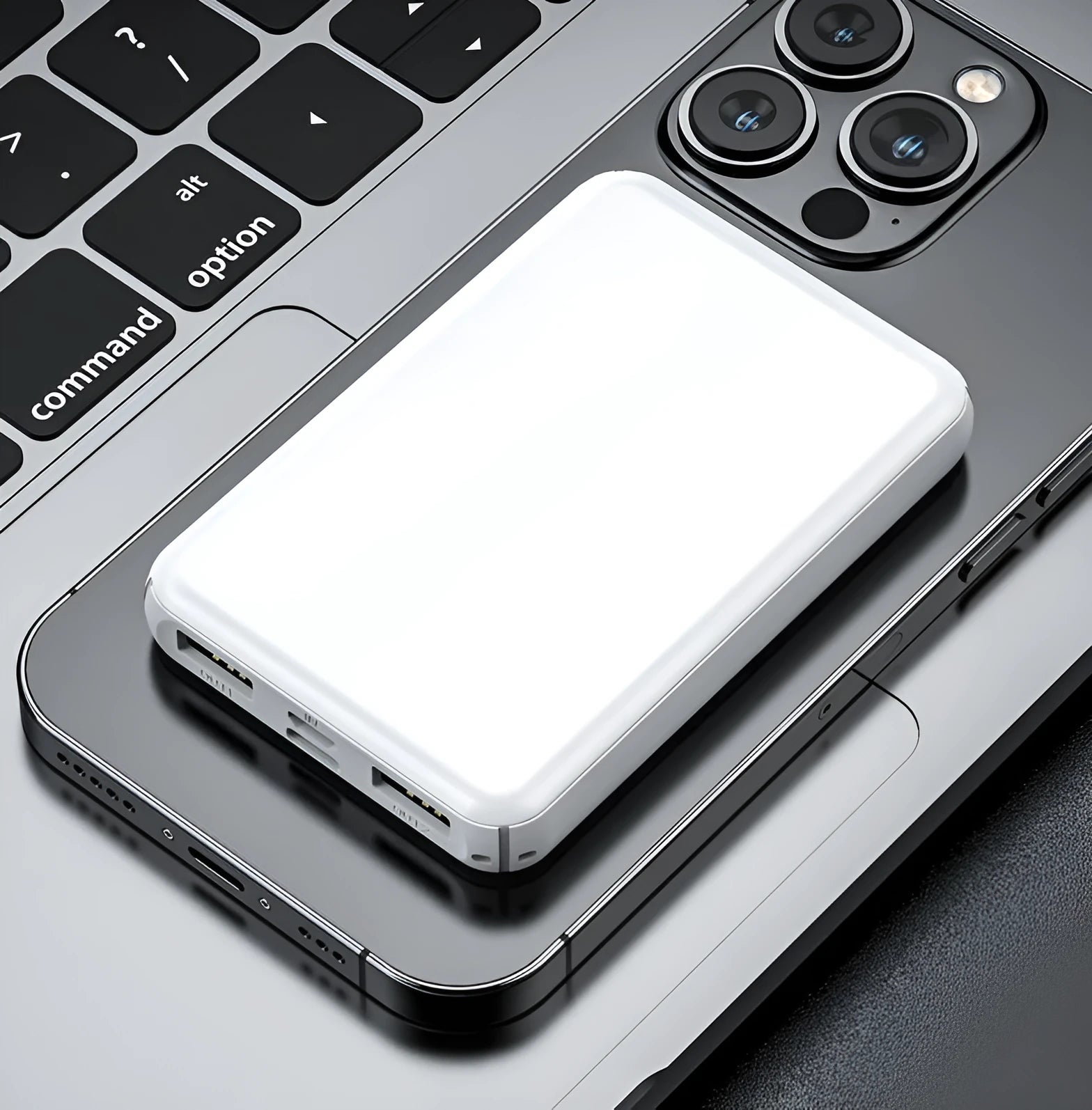 Compact black or white power bank for electric heating vests, showing 97mm x 64mm dimensions