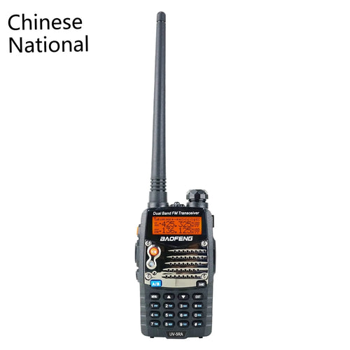 Baofeng UV-5RA black handheld dual-band radio with display screen and antenna.