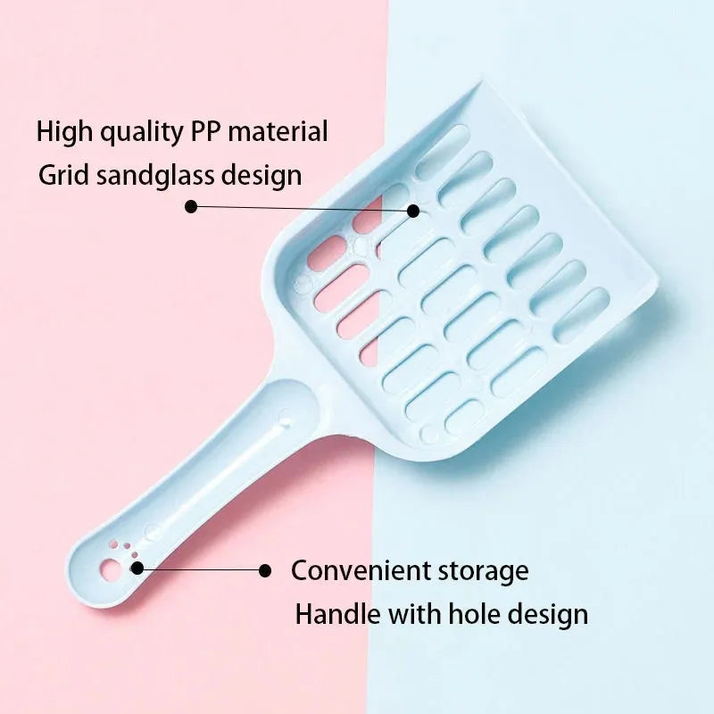 Plastic cat litter scoop in blue, green or pink, showing 20cm length.