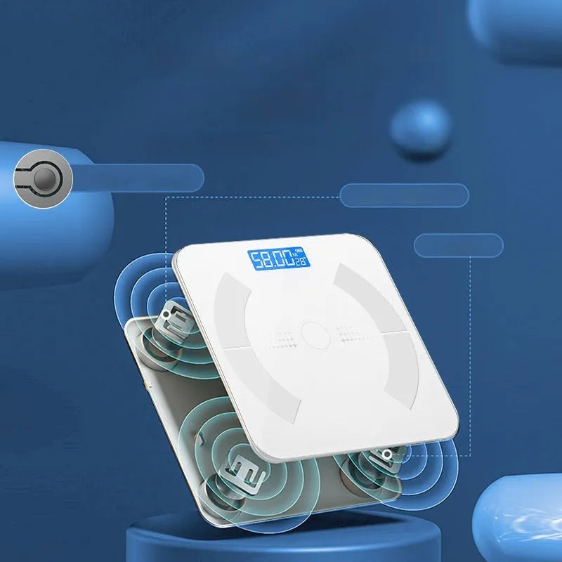 Smart Bluetooth body fat scale in white colour showing digital display with multiple health metrics