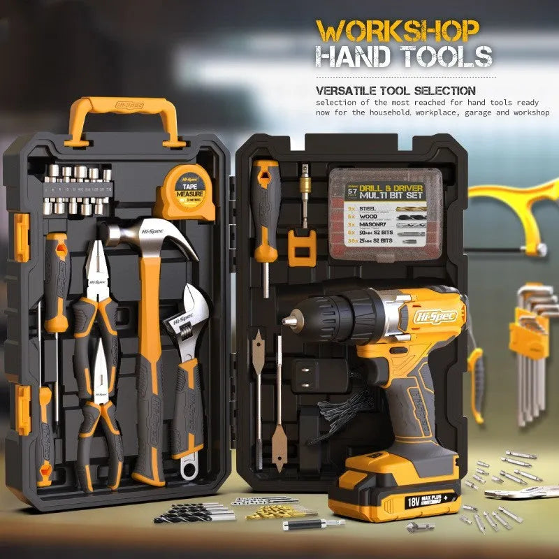 Grey yellow 82-piece chrome-vanadium steel tool combo set in a case for furniture installation.