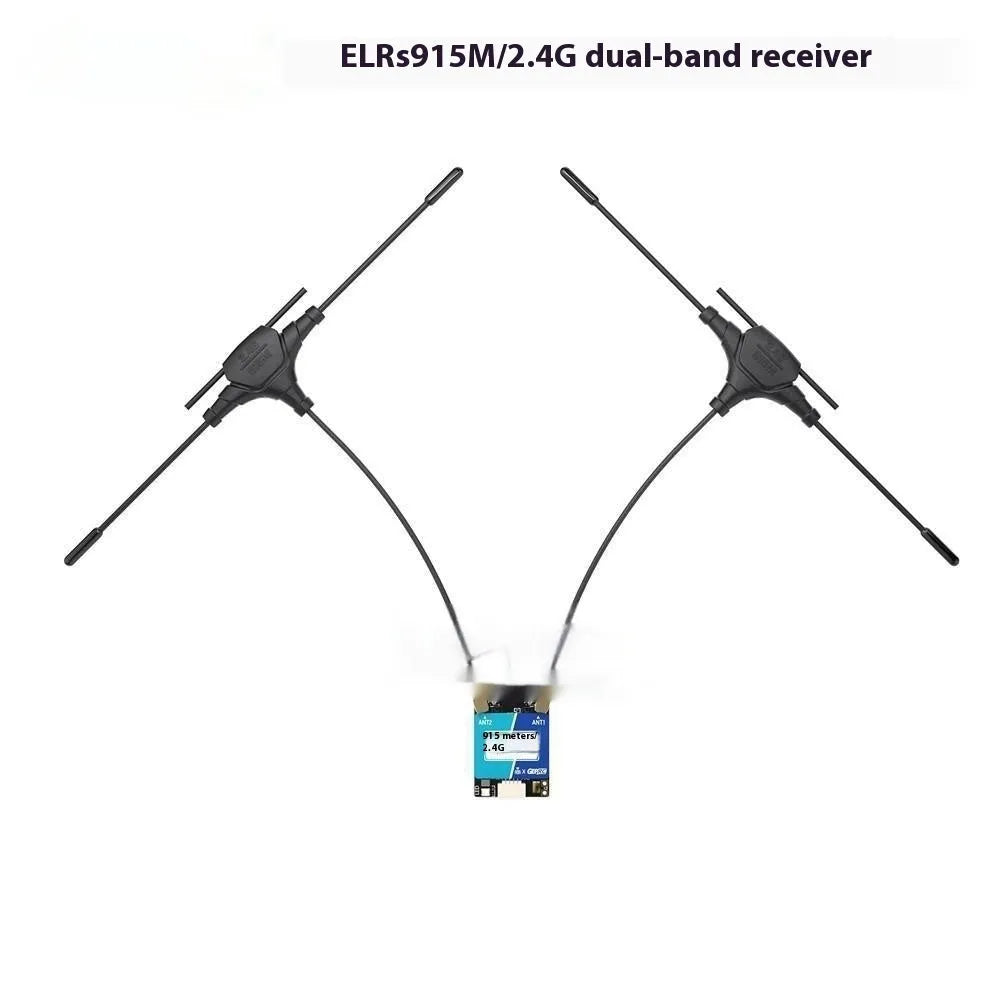 FPV drone dual-frequency receiver with metal housing and two T-shaped antennas