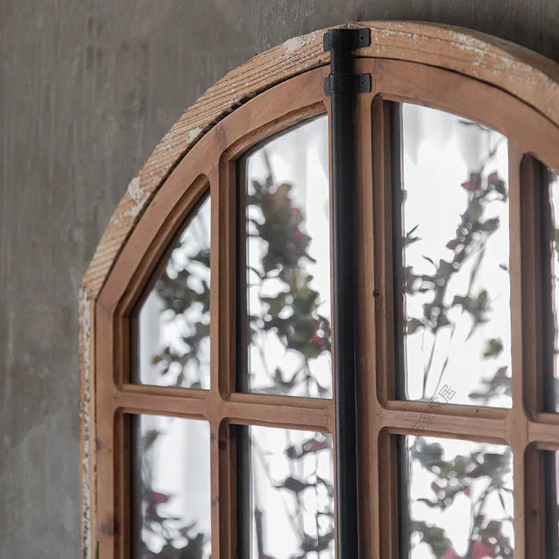 Terrace style distressed wooden frame fake window wall mirror in log colour