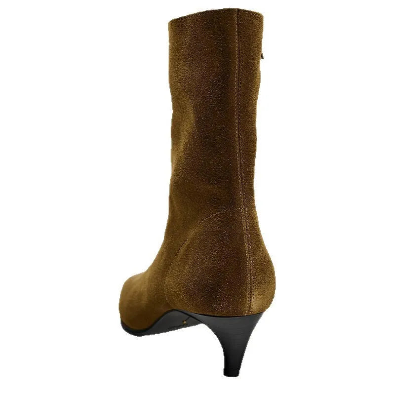 Brown women's square toe mid-calf boots with a side zipper and a low kitten heel on a wooden floor.