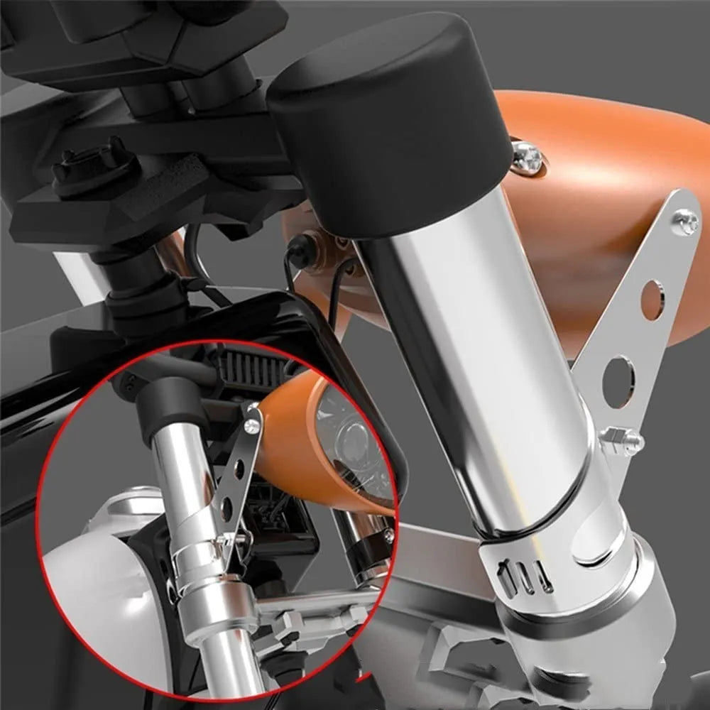 Pair of black iron motorcycle headlamp support brackets for retro modified headlight