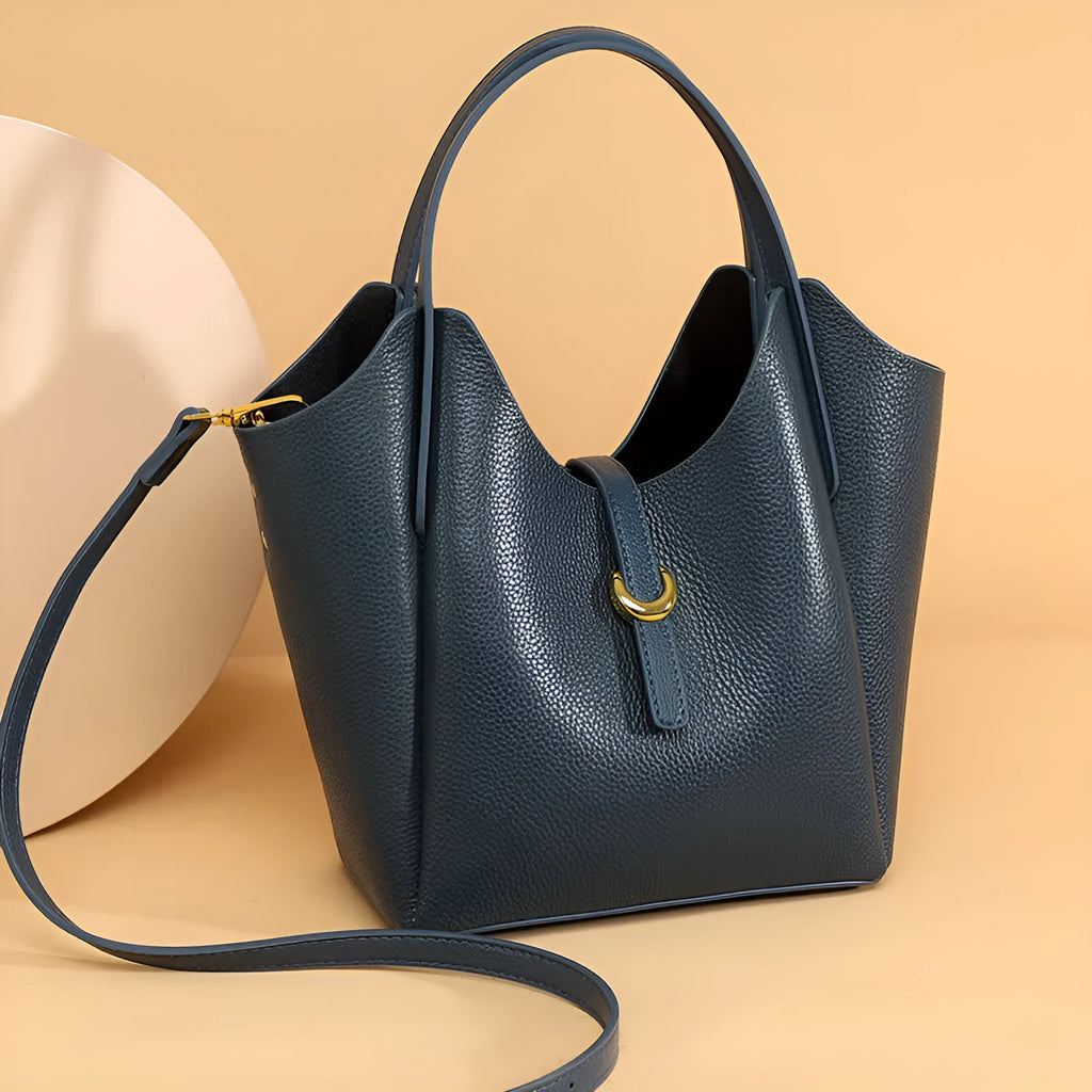 Genuine leather women's bucket bag in retro style with file compartment and shoulder strap