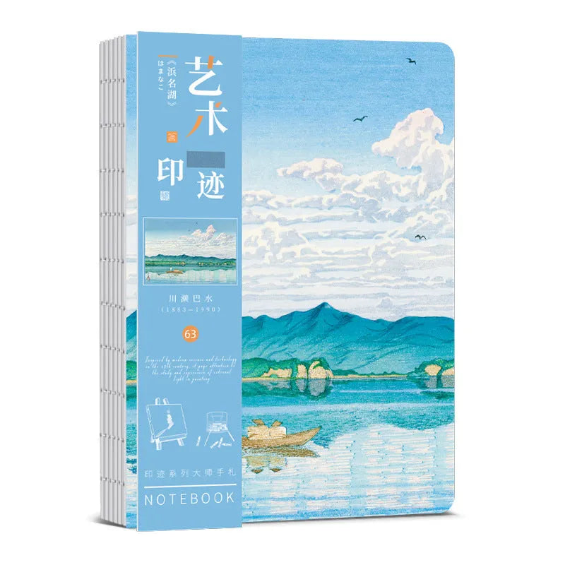 Ukiyo-e Kanagawa surfing village retro hand ledger notebook open on a desk.
