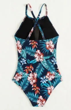 Women's solid colour and gradient print one-piece swimsuit with a deep V neckline