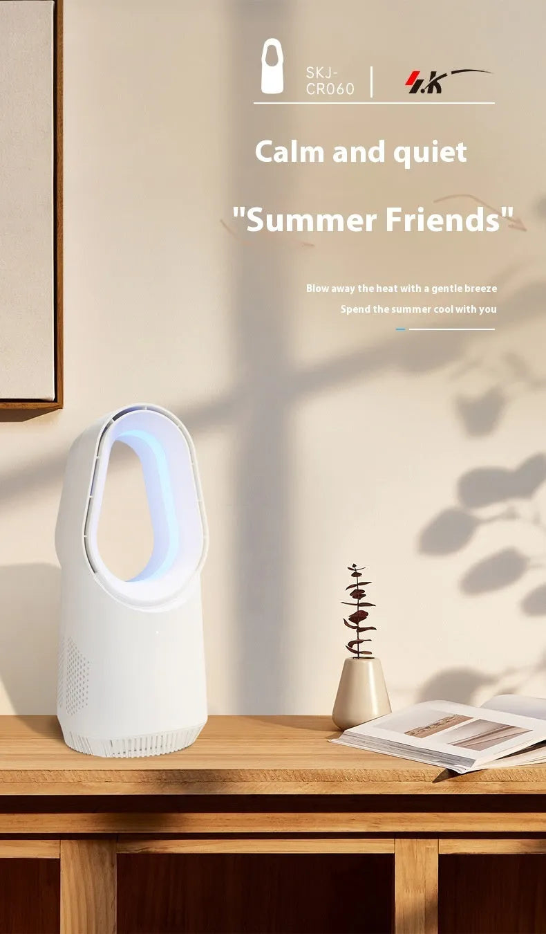 White bladeless tower floor fan with USB port and touch screen controls on a sleek column.