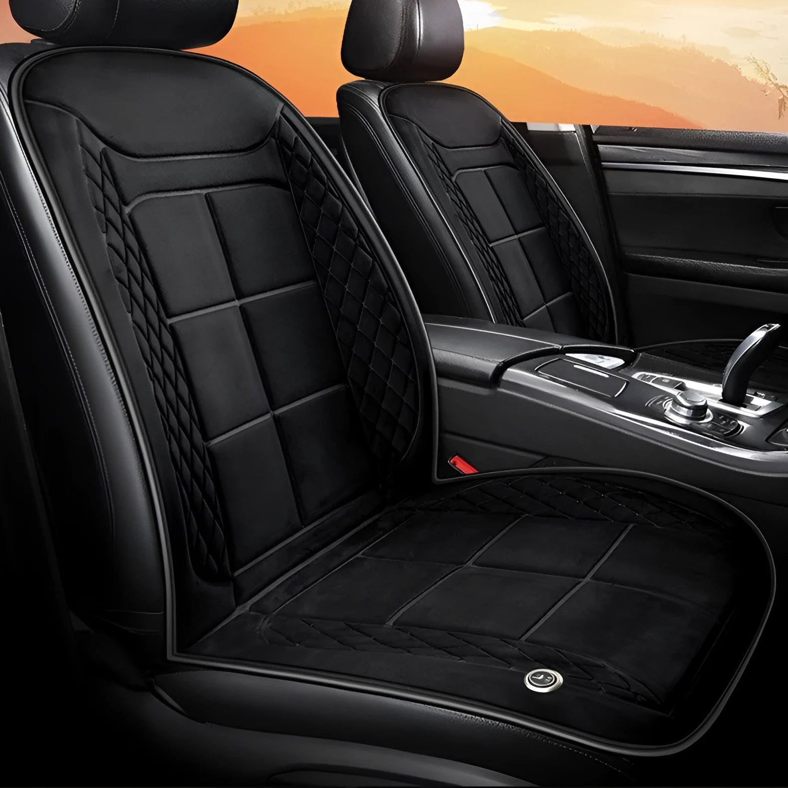 Heated car seat cushion in beige, black, and coffee colours showing single, double, and rear seat size options