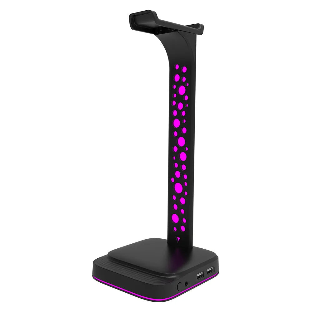 RGB colour changing headset display bracket with dual USB ports and adjustable headphone support arms