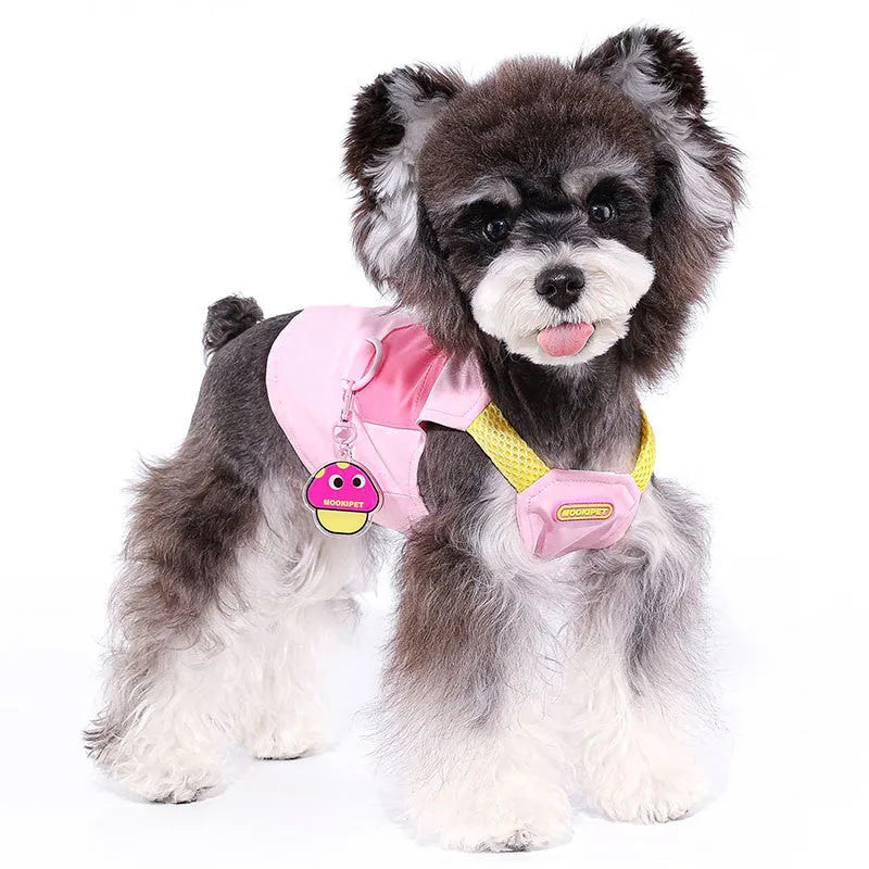 Pink polyester dog vest for small breeds on mannequin showing torso coverage
