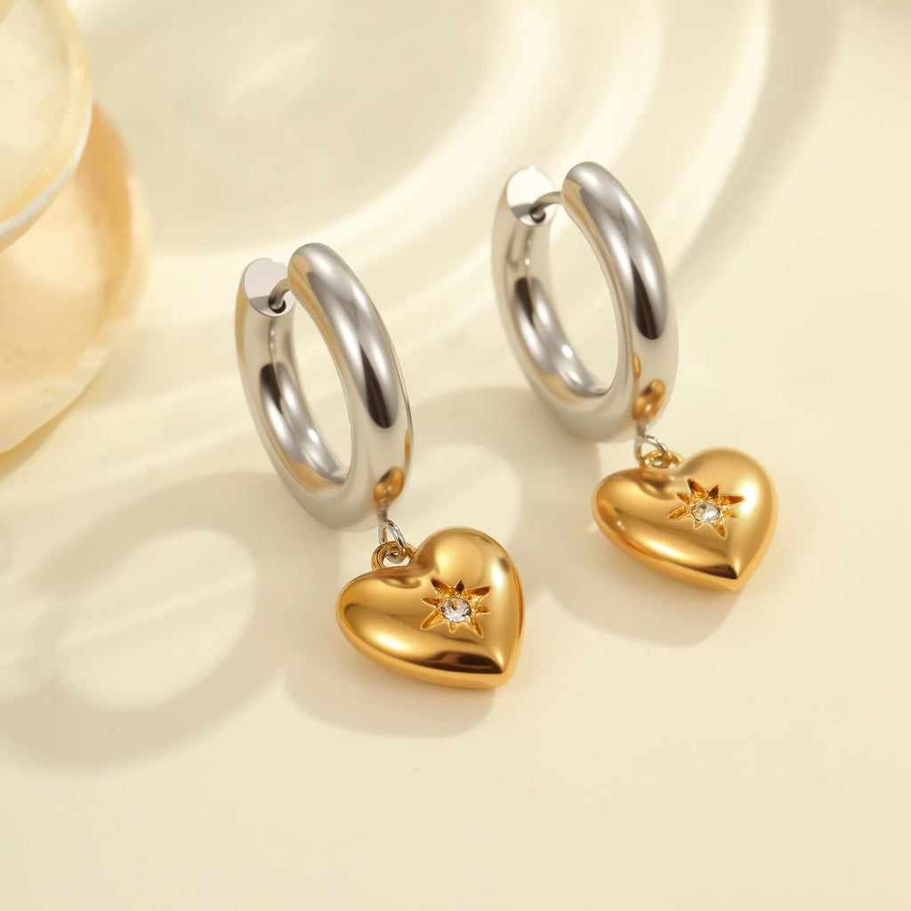Christmas tree shaped stainless steel earrings with 18K gold electroplated finish and heart star geometric accents