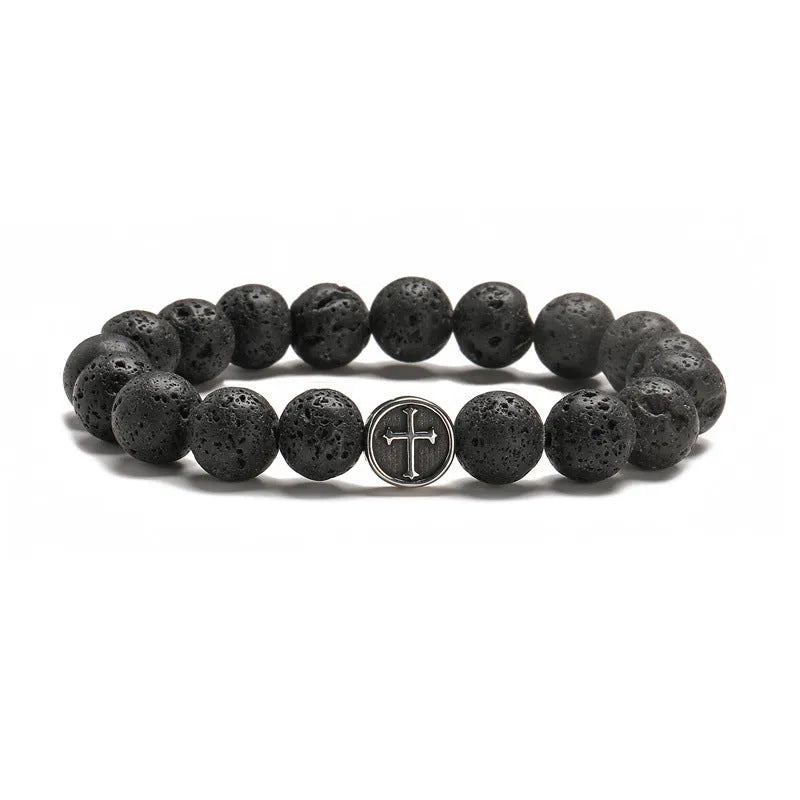 Volcanic brown agate bracelet with stainless steel clasp, geometric 19mm diameter design