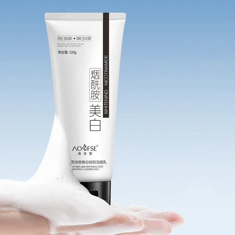 White bottle of 100ml whitening and freckle removing facial cleanser for universal use.