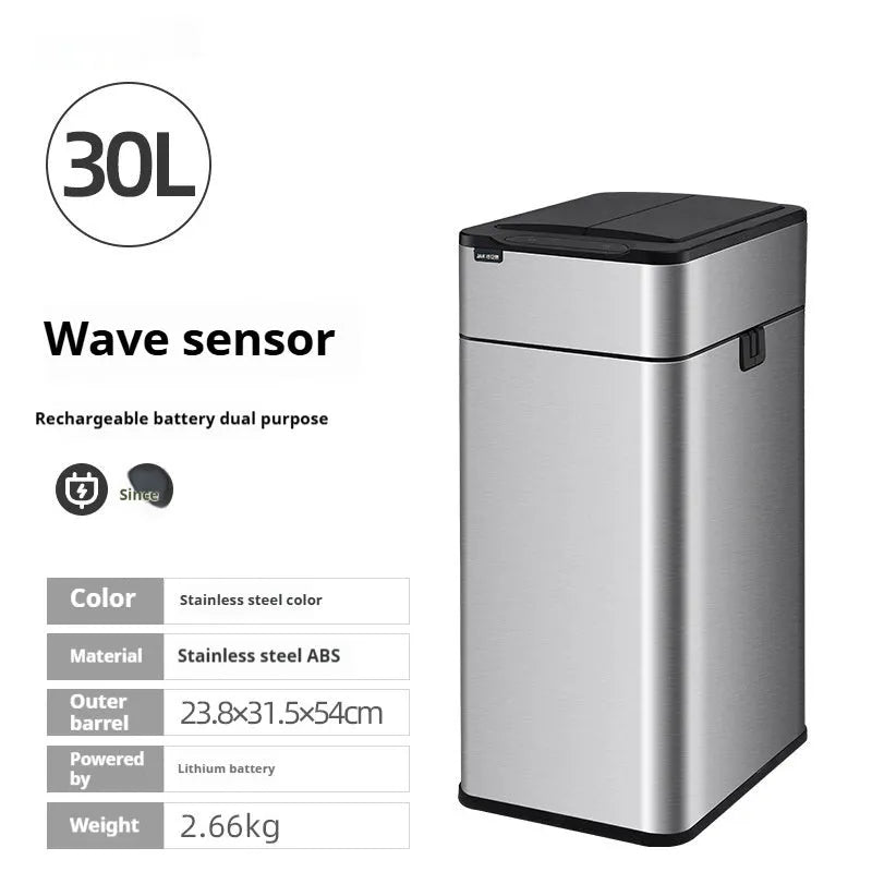 Stainless steel inductive smart ashbin with square shape and touch-free lid.