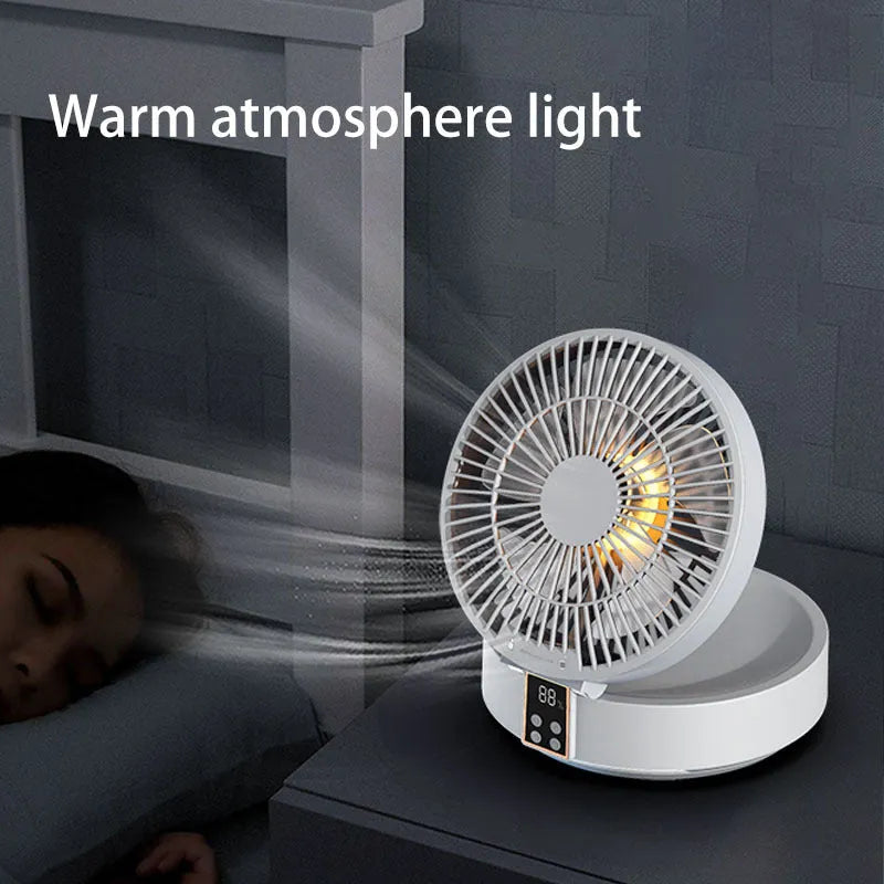 White portable rechargeable folding fan with remote control and night light on desktop