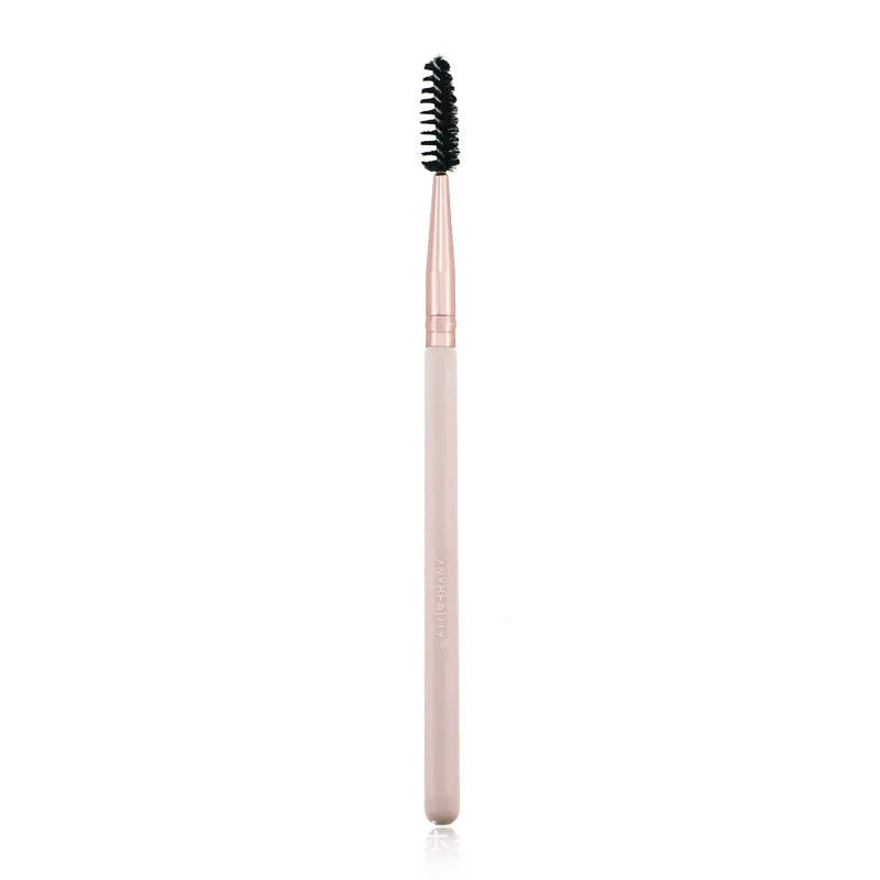 26 pink makeup brushes with wooden handles arranged in a PU storage bag