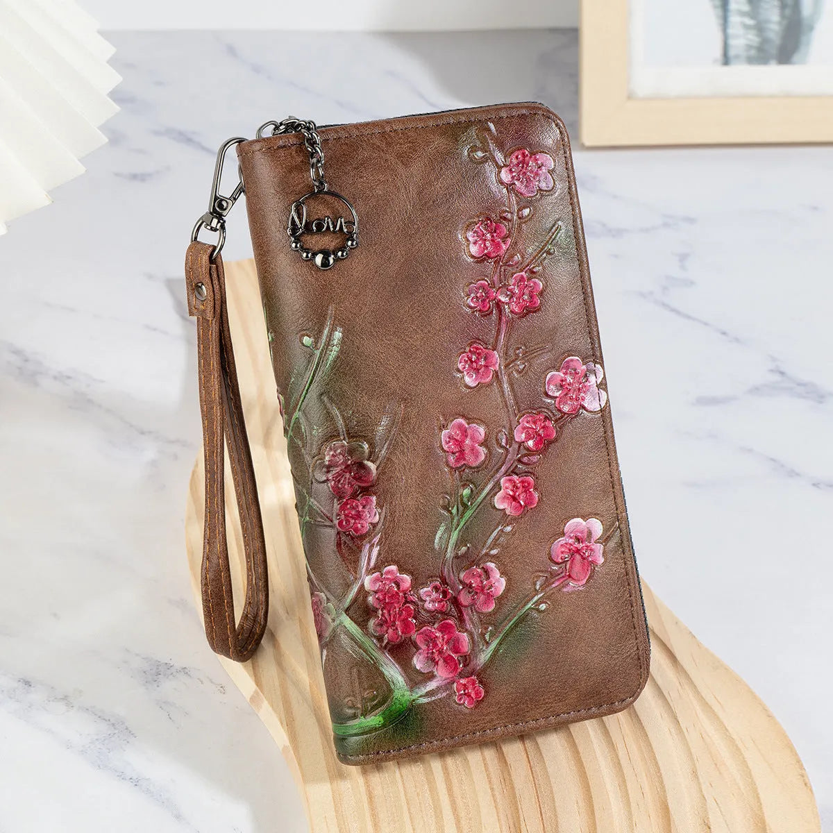 Chinese style floral embossed zipper handbag in black with hand-painted details