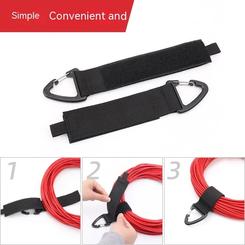 Black climbing button carabiner storage strap showing three size options for garage and outdoor organisation