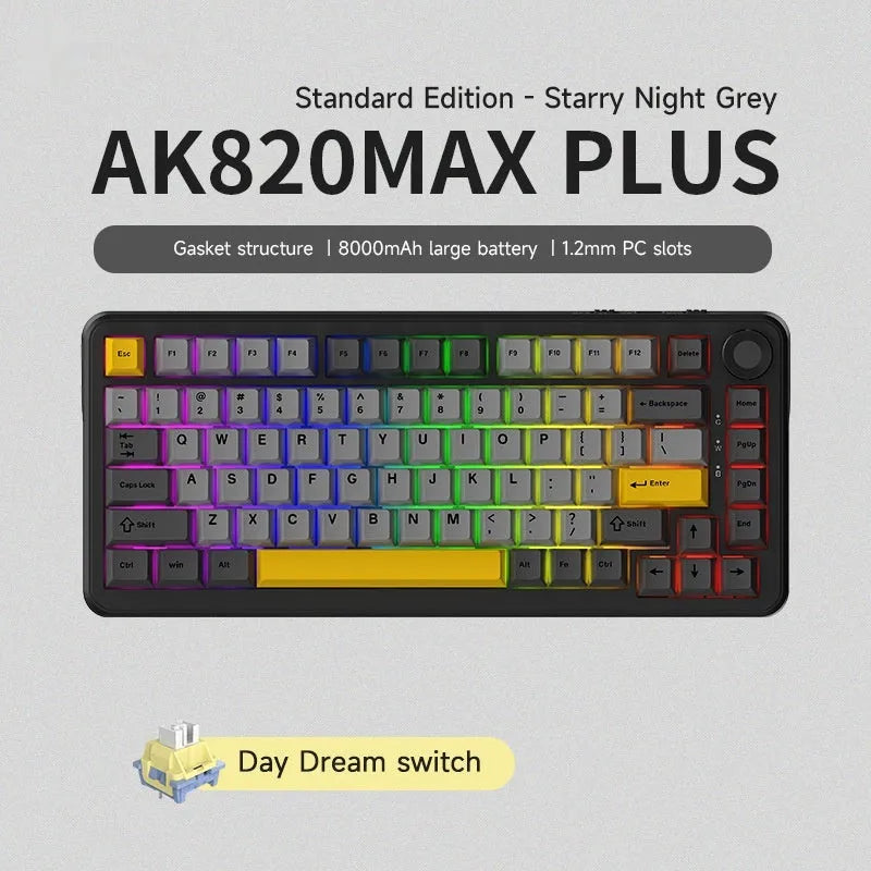 75% wireless mechanical keyboard in black grey yellow with hot-swappable switches and three connection modes
