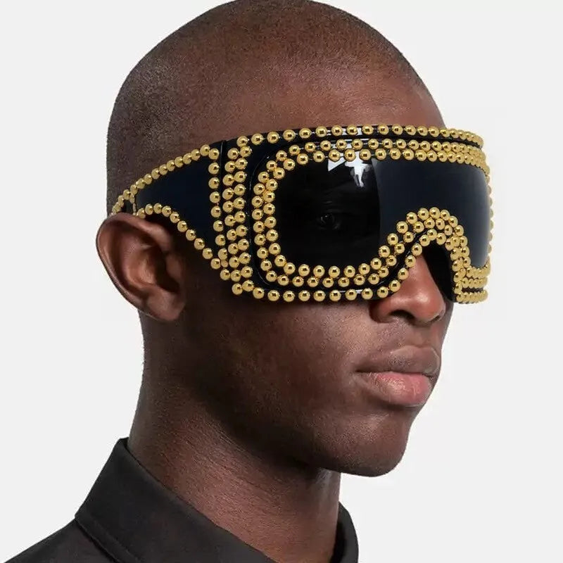 Men's large square frame punk sunglasses in silver and gold colours with rivet details