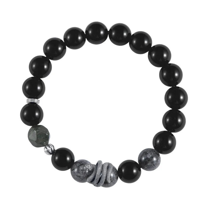 Men's S925 sterling silver snake bracelet with obsidian black crystal and retro zodiac design