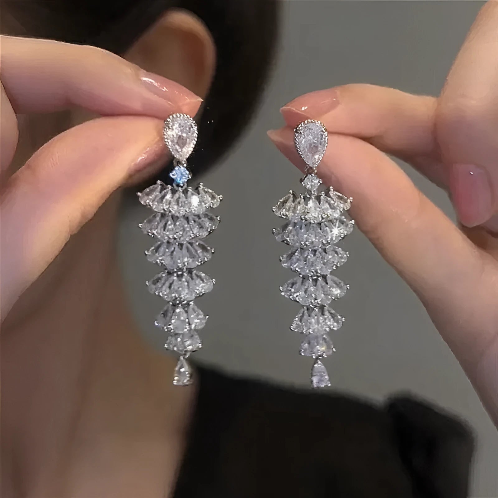 Silver plated Christmas tree drop earrings with sparkling zircon stones on copper stud posts