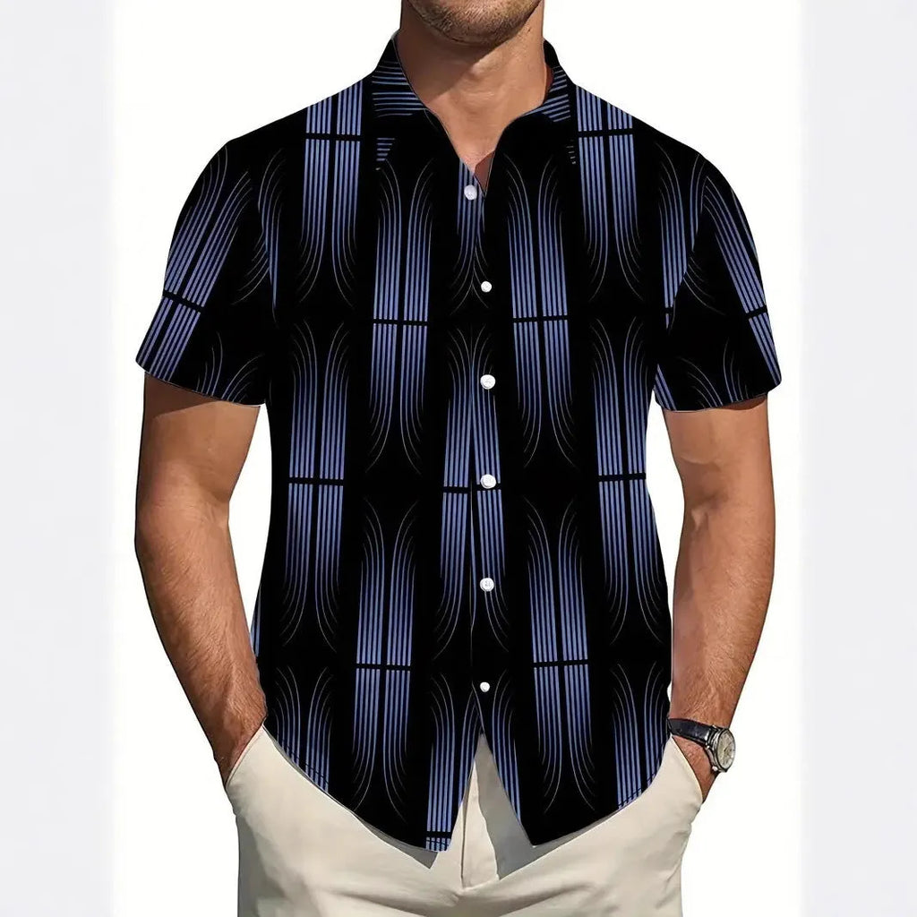 Men's slim fit short sleeve shirt featuring a geometric line style print on a polyester fabric.