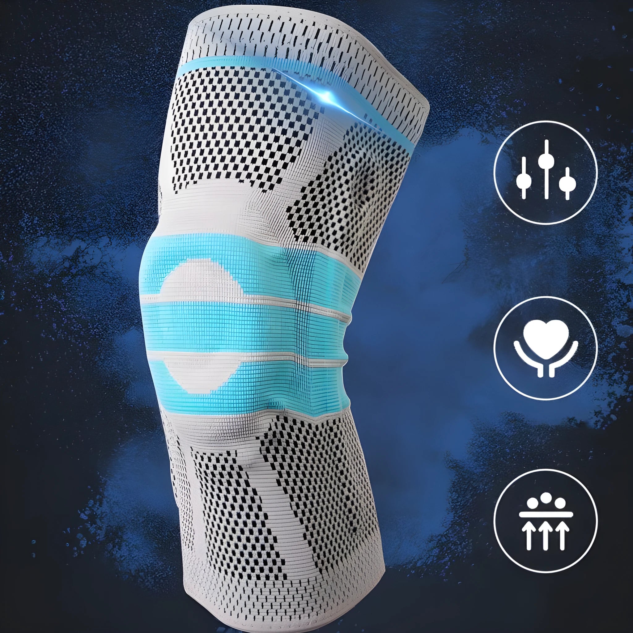Sky blue elastic fibre knee pad with silicone protection for sports.
