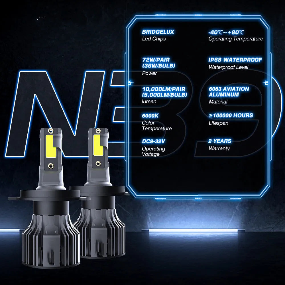 6000K white LED car headlight bulb kit showing compact size and connector for H7 H11 9005 fitments