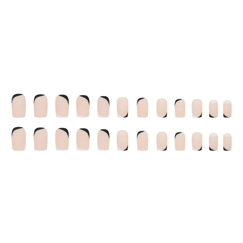 W644 black and white frosted false nail glue set with plastic pieces for a French manicure.