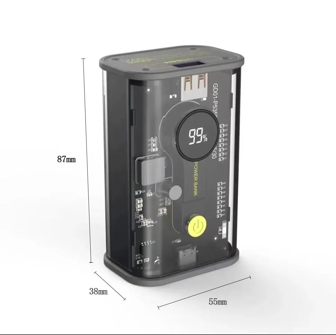 Transparent cylindrical aluminium 10000mAh power bank showing internal batteries with multiple USB ports