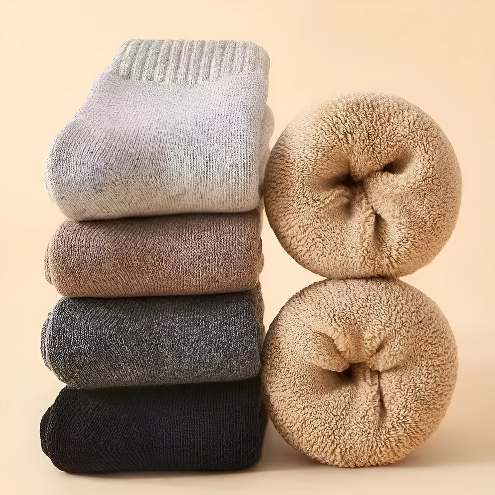 Thick merino wool winter socks in black, khaki, light grey and dark grey solid colours