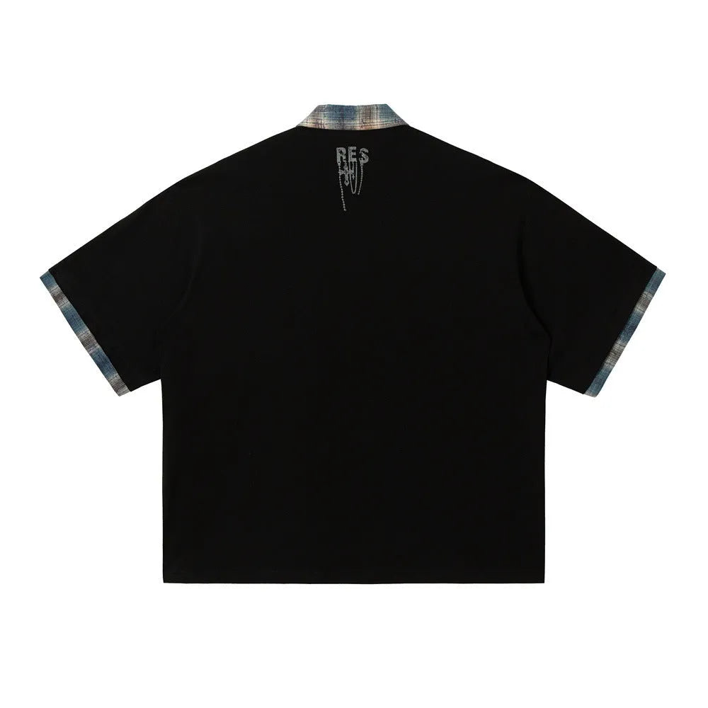 Men's asymmetric graffiti print cotton top in loose street style with short sleeves