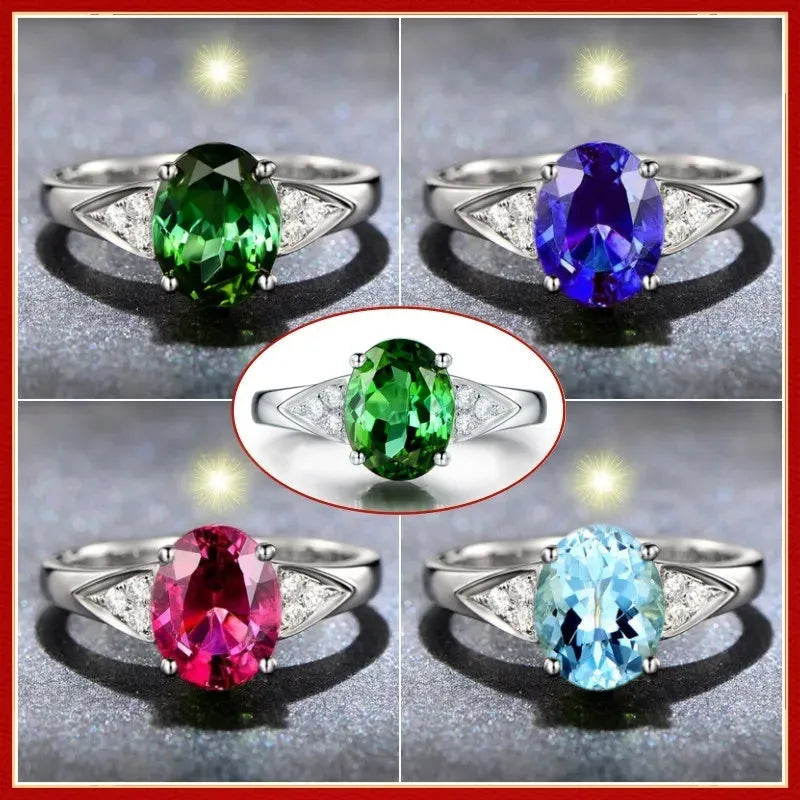 Ladies natural zircon ring with heart, water drop, or bell pattern in court setting, red or blue stone