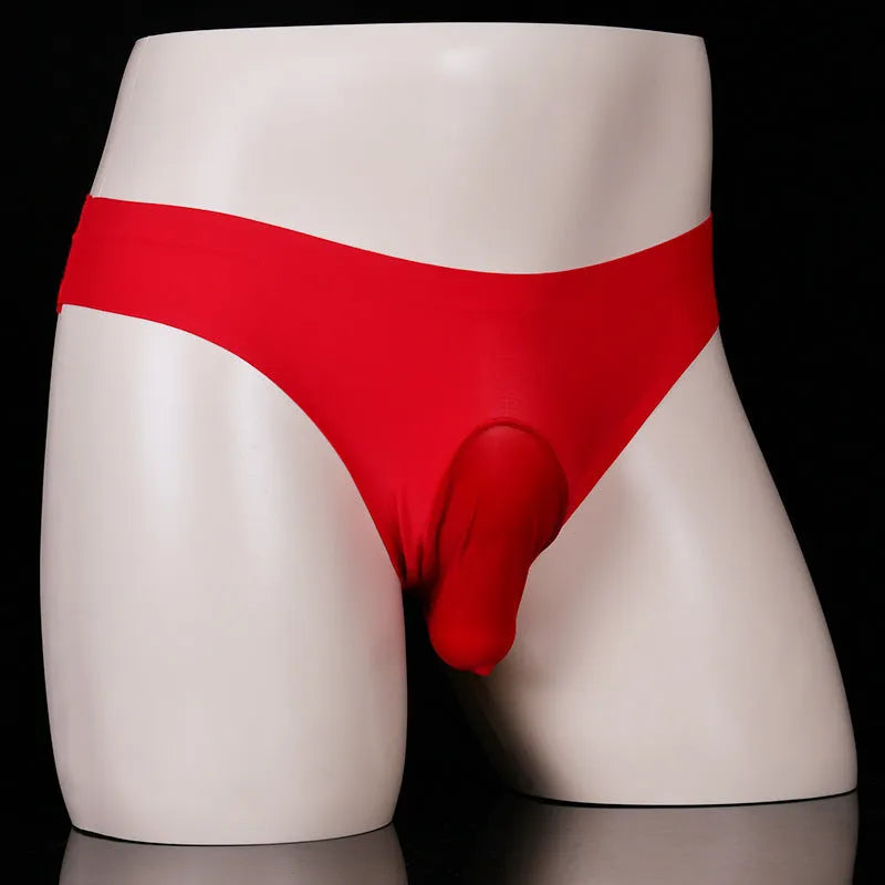 Ice silk men's underwear briefs in open gun egg and T-back styles showing solid colour options