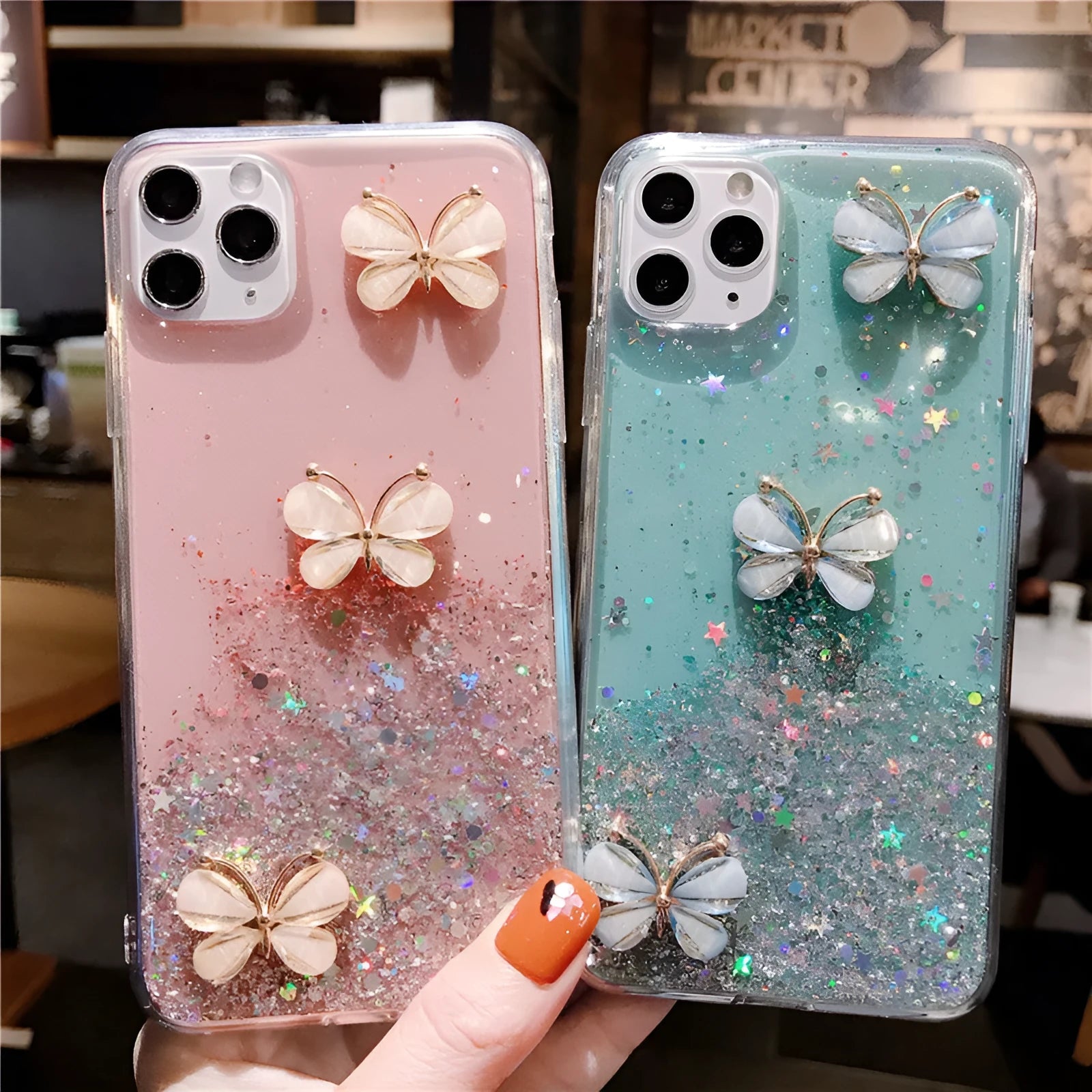 Butterfly glitter starry sky TPU phone case for iPhone with drop protection in transparent blue