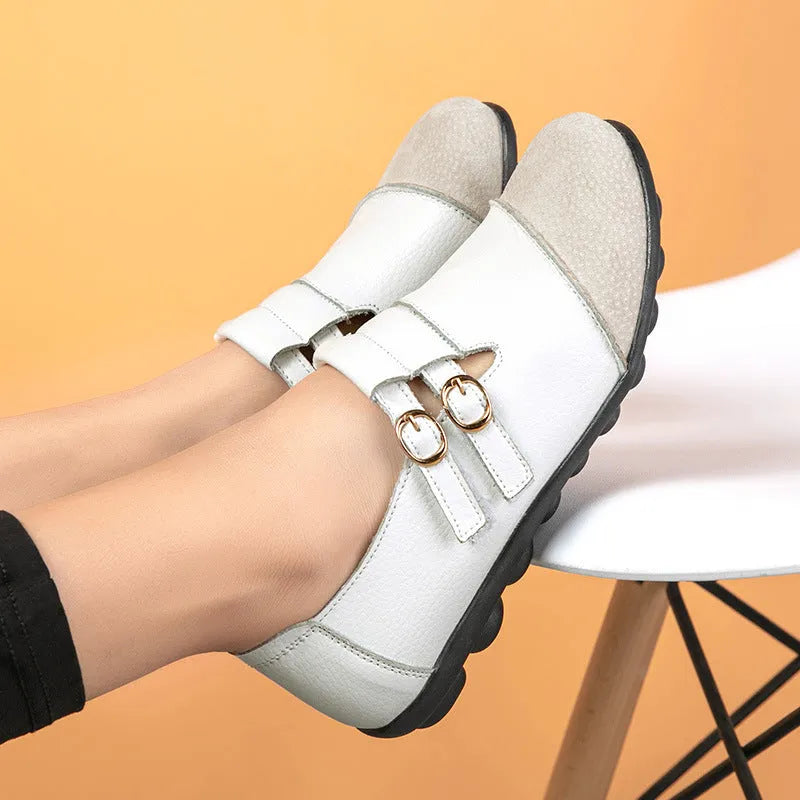 Women's plus size casual Velcro flats with button detail and round toe in leather