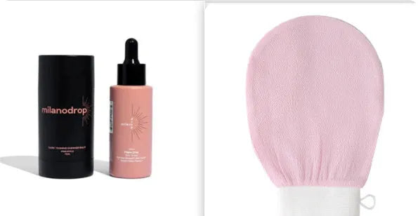 Black matte sun tanning liquid set showing 50ml tanning drops bottle and 75ml tanning flash cream bottle.