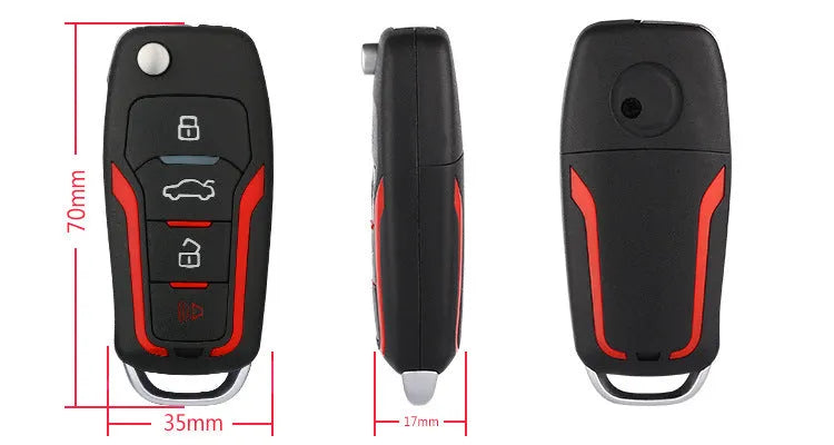 One-way car alarm system with remote controls showing red and frosted black colour scheme