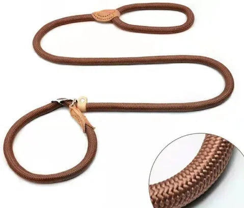 Brown nylon dog leash with hand holding rope design measuring 2.1 metres in length