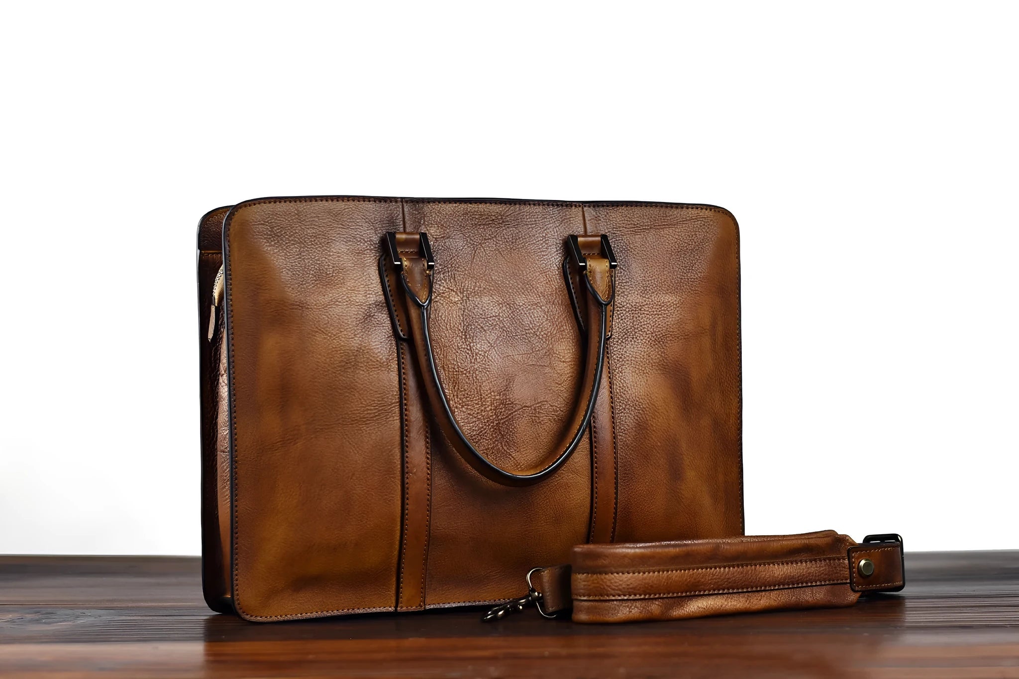 Men's 14-inch horizontal leather business handbag in khaki colour with zipper opening
