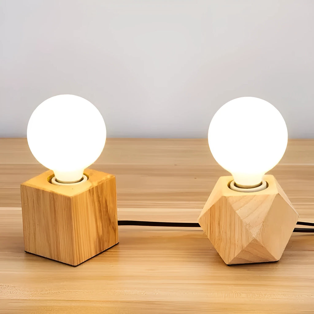 Retro wooden lamp holder with hanging wire in square and diamond shapes on a wood base.
