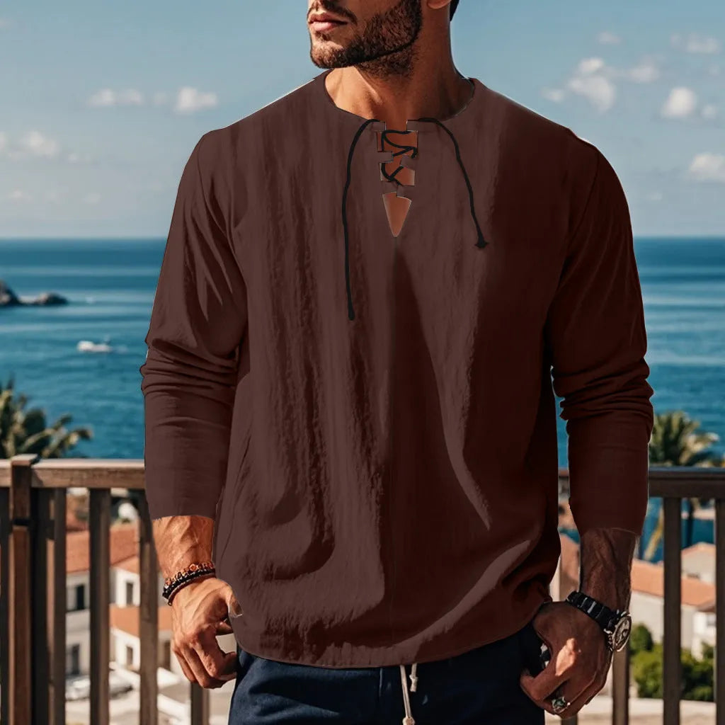 Cotton linen blend solid colour beach shirt in loose pullover style