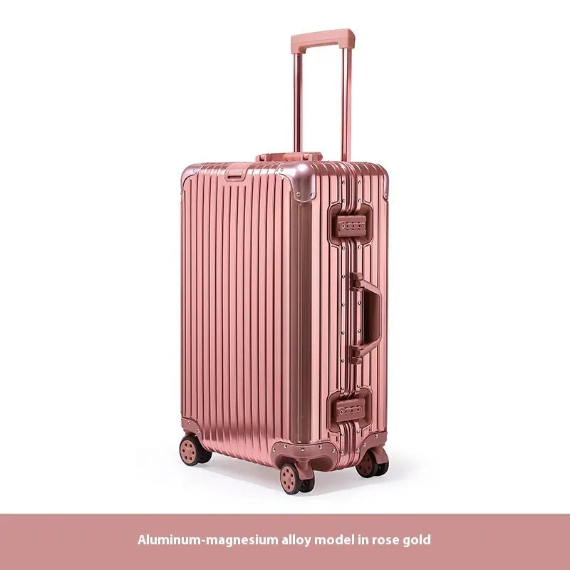 Alloy trolley case luggage in silver colour with metal frame and universal wheels for business travel